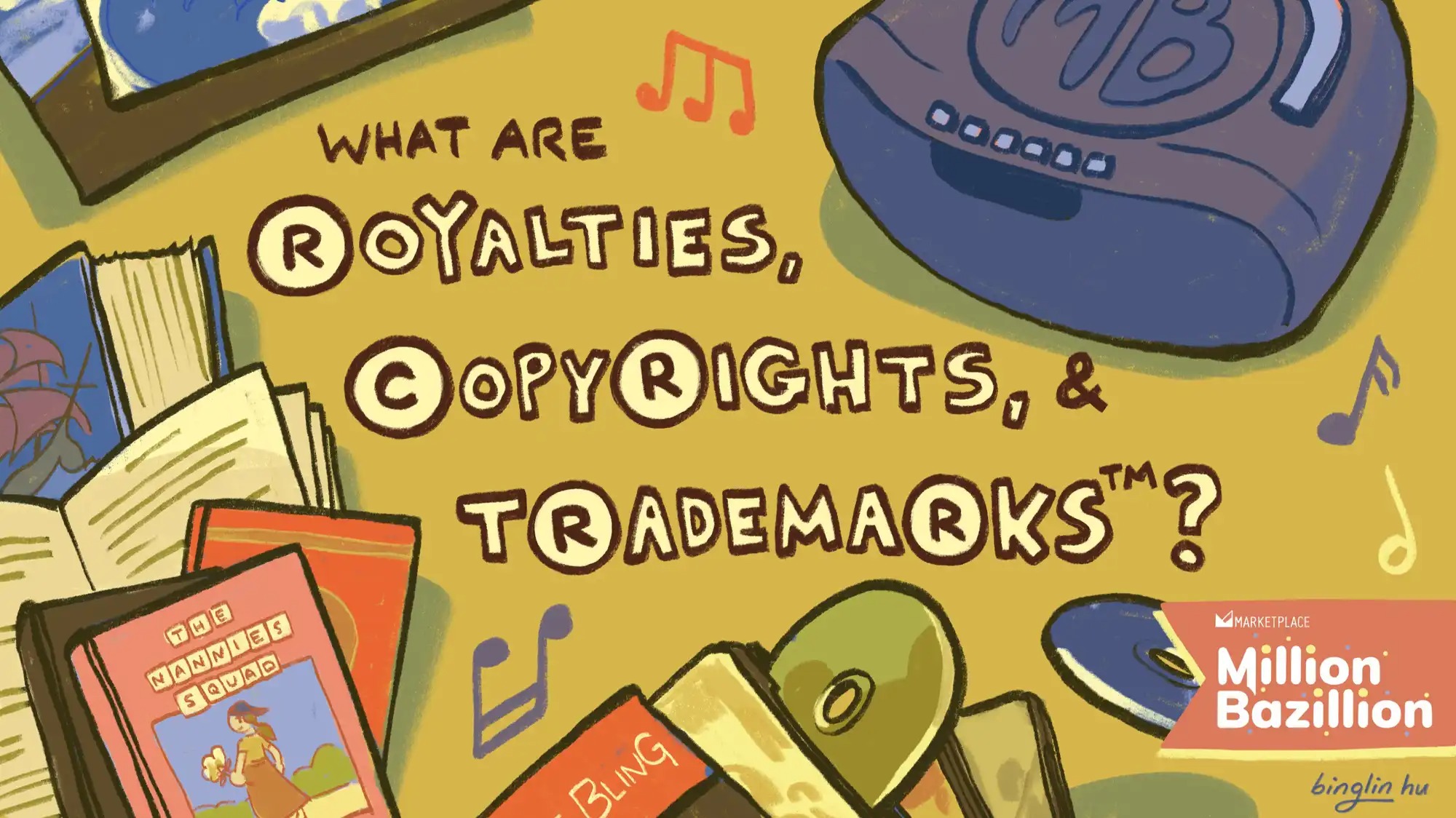 An illustration shows books, music and magazines with the title 