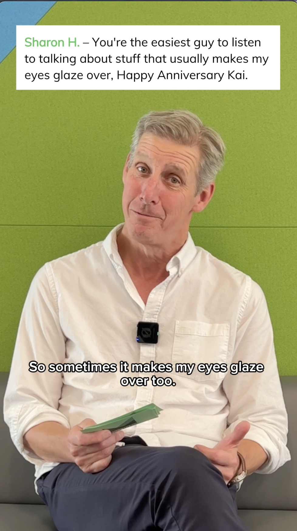 A screenshot from the above linked video shows Kai reading notes from listeners off notecards.