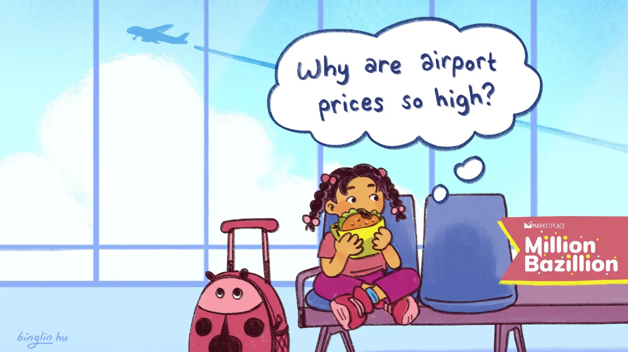 A cartoon shows a girl eating a sandwich at an airport. A thought bubble reads 