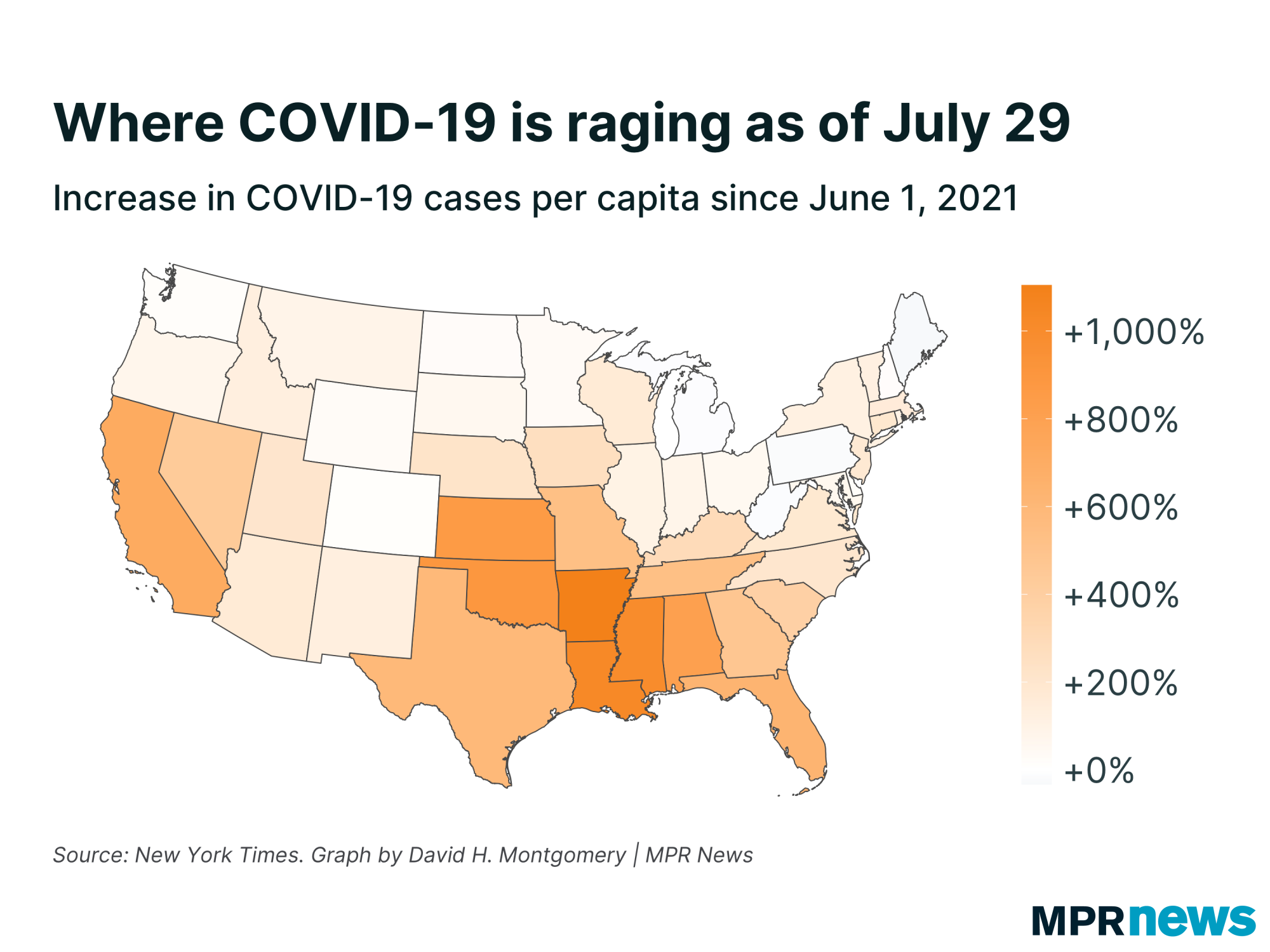 Map of COVID-19 case increase since June 1, 2021