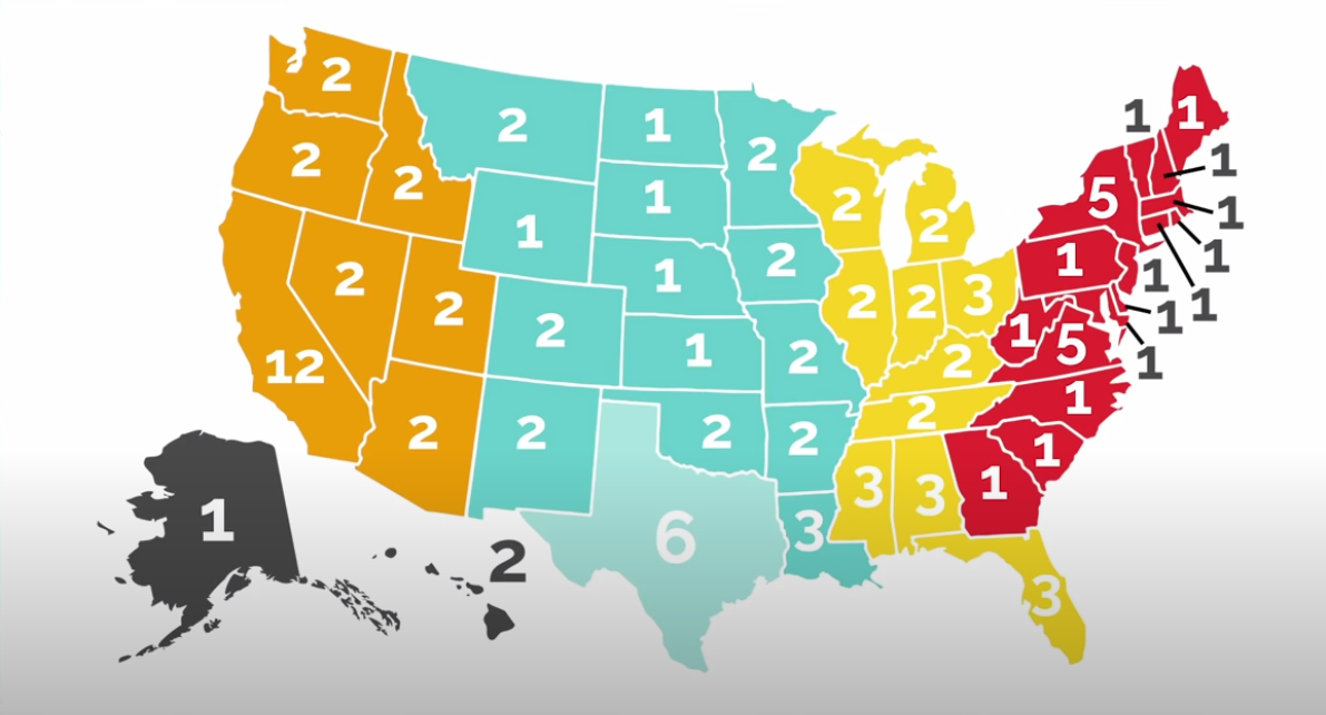 Map showing what the U.S. Senate might look like if seats were apportioned like the Canadian Senate