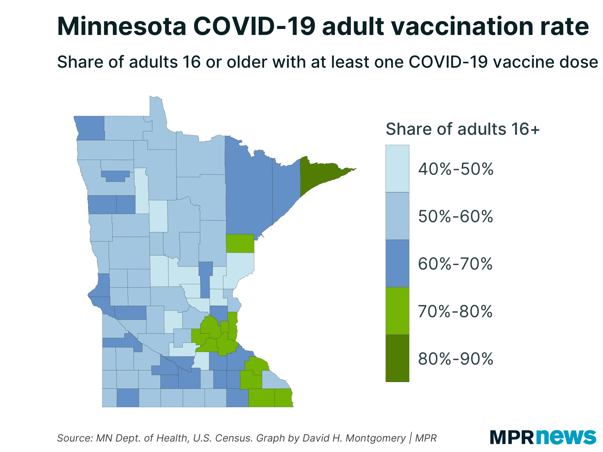 Map of Minnesota COVID-19 adult vaccination rates by county