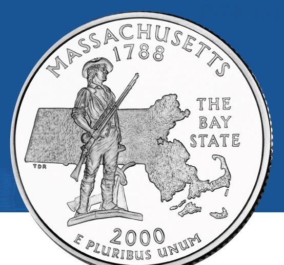 Image of a U.S. quarter dollar with a Massachusetts related design on the reverse (tails) side of the coin.