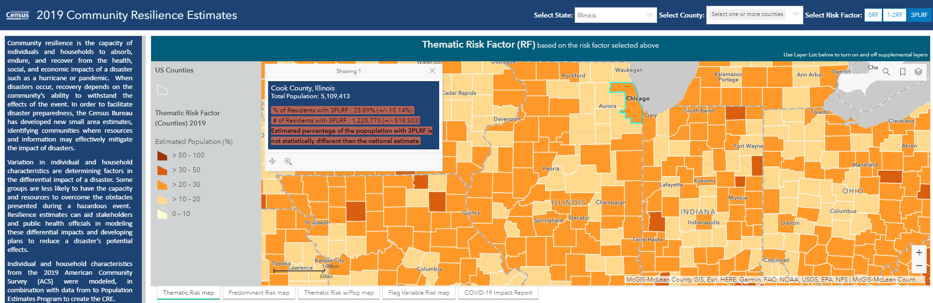 A screenshot with data from Cook County, Illinois from Census.gov's Community Resilience Estimates