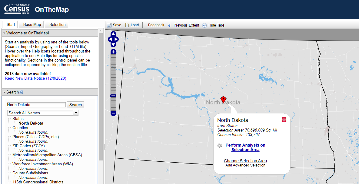 A screenshot of North Dakota from Census.gov's OnTheMap interface