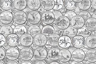 A collage of quarter dollars with pictures from all 50 states on them