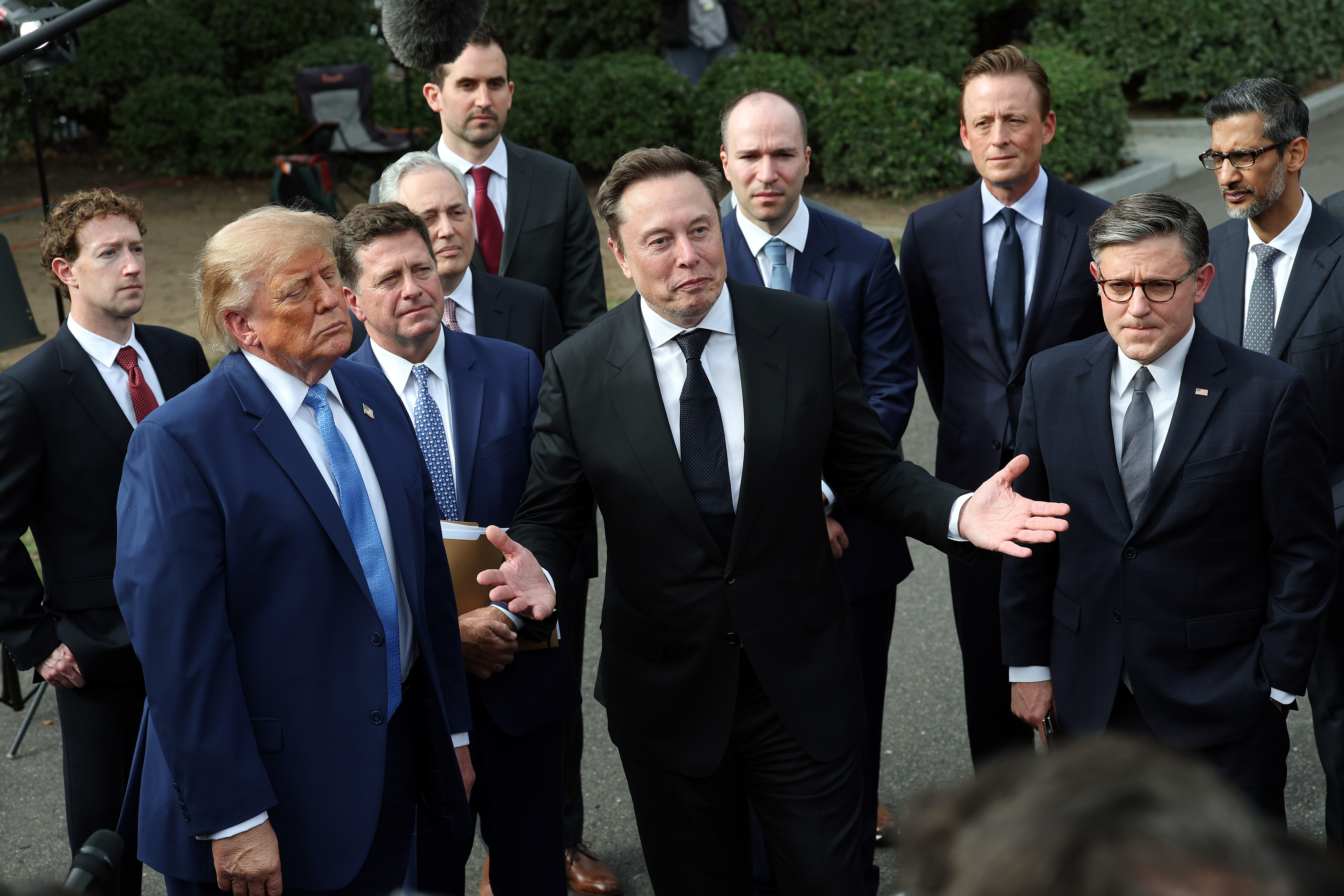 President Donald Trump, Tesla and SpaceX CEO Elon Musk, Speaker of the House Mike Johnson, Meta CEO Mark Zuckerberg and others address the press today.