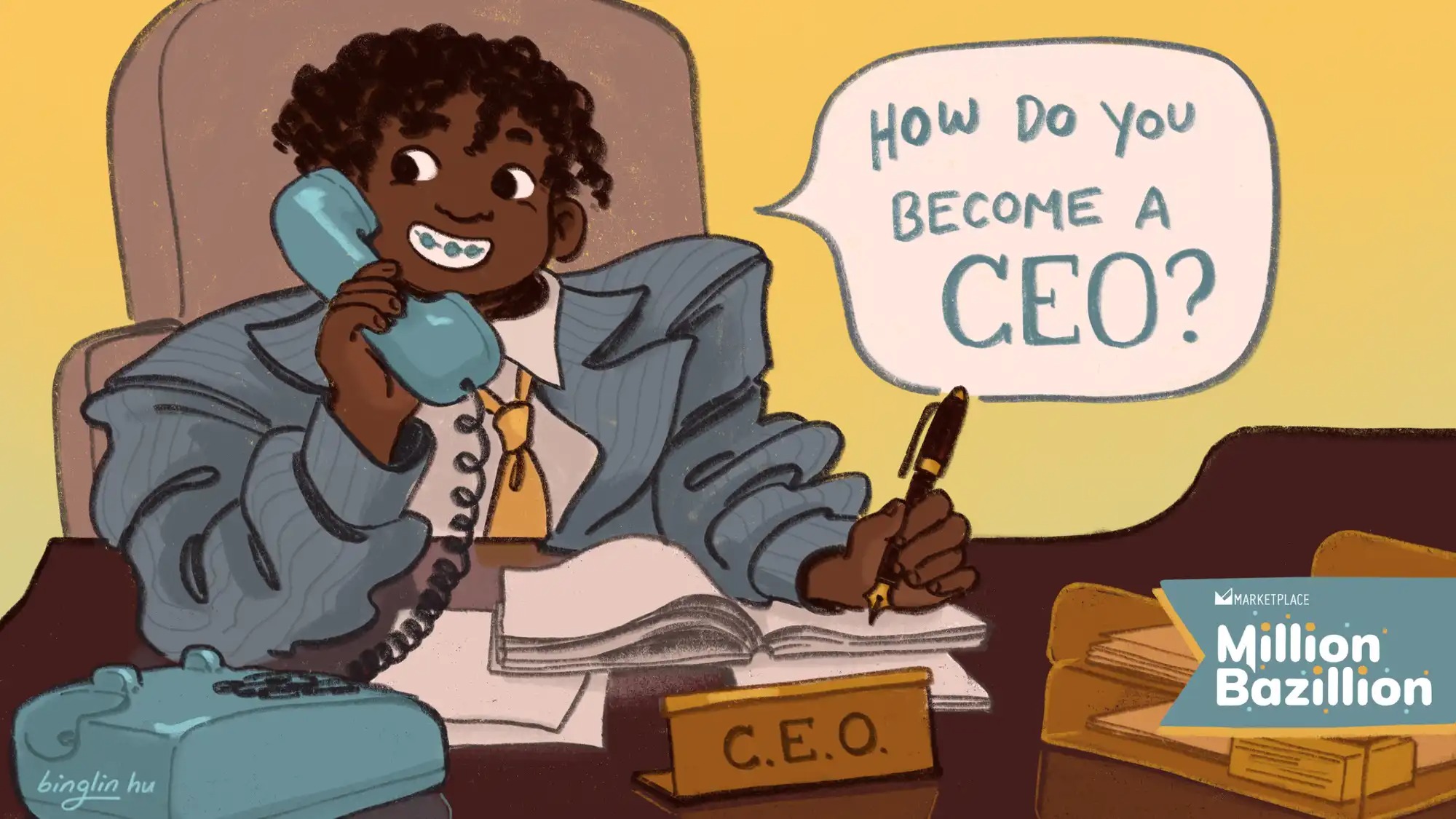 An illustration shows a child in an oversized suit talking on a phone at a desk behind a plaque reading