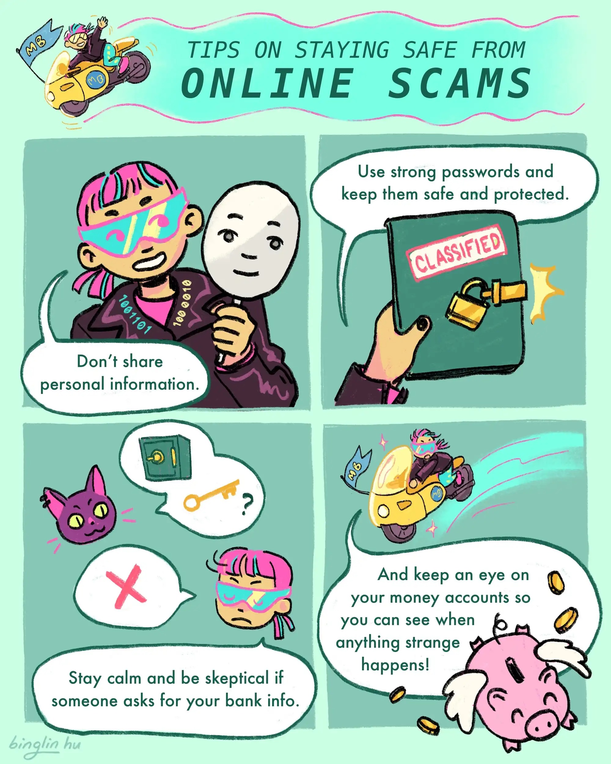 An illustrated infographic shows different ways to avoid being scammed: Don't share personal information, use strong passwords and keep them safe, stay calm and skeptical if someone asks for your bank info and keep an eye on your money so you know if anything strange happens.