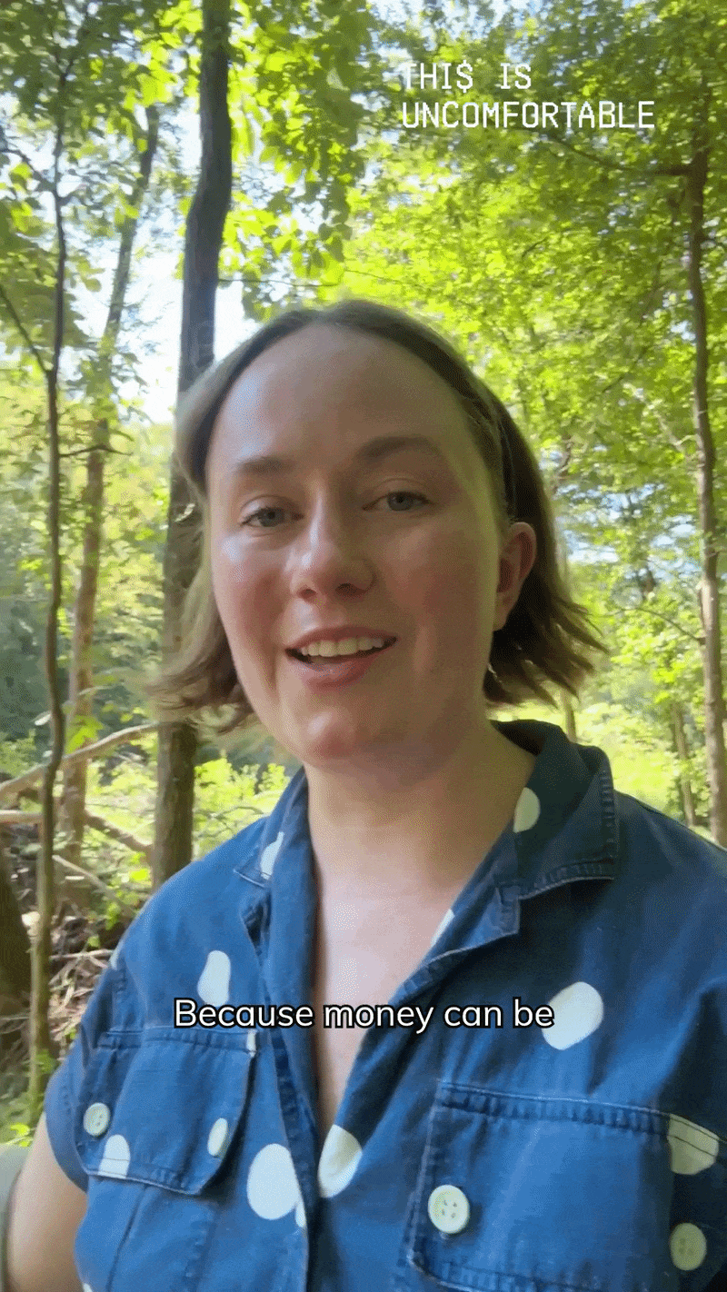 A gif shows Alice Wilder going on a nature walk to combat her money anxiety.