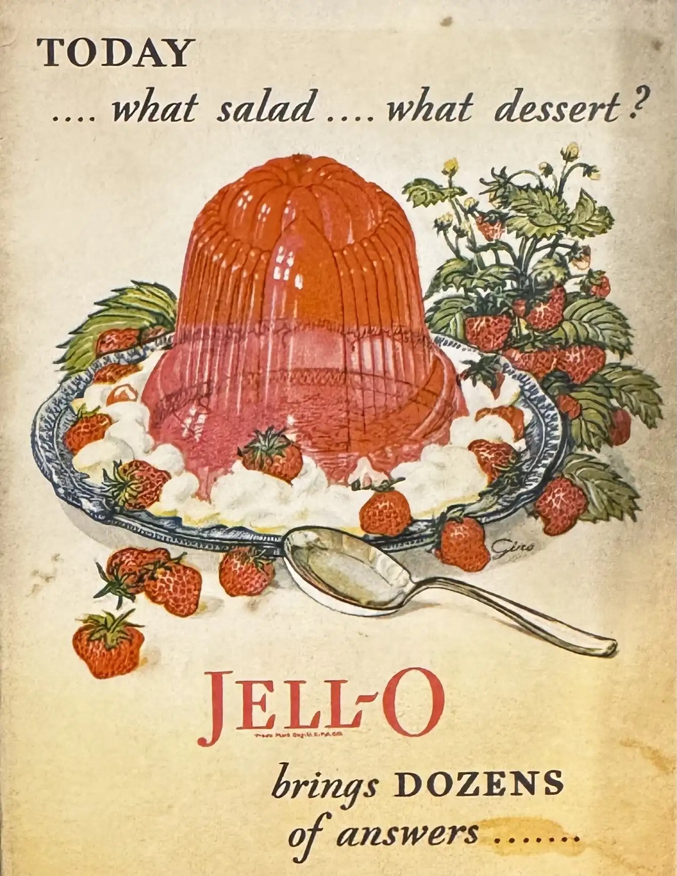 A nearly century-old Jell-O ad shows an illustration of a molded Jell-O salad on a plate surrounded by berries and cream. The copy says 