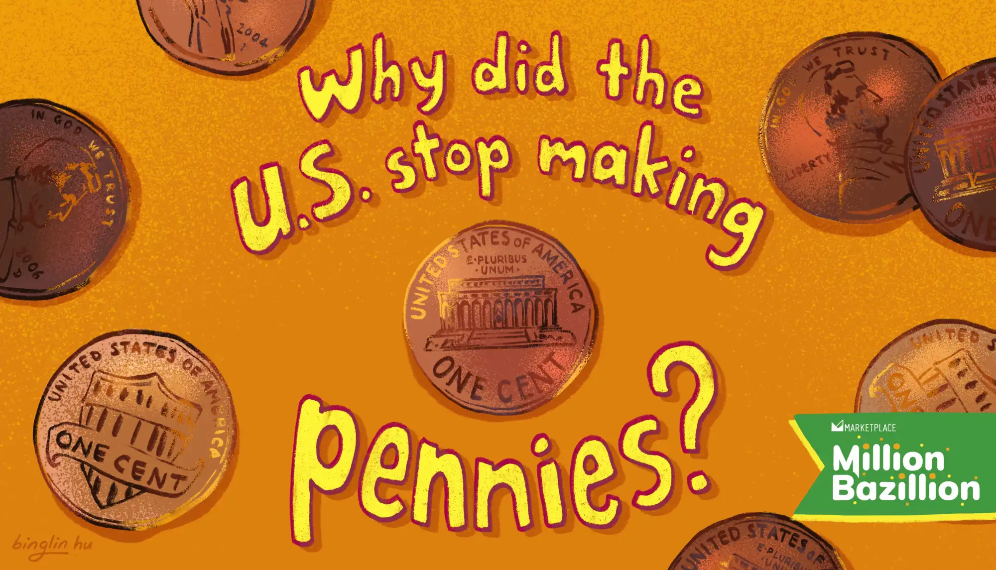 An illustration shows several cartoon pennies with the title 