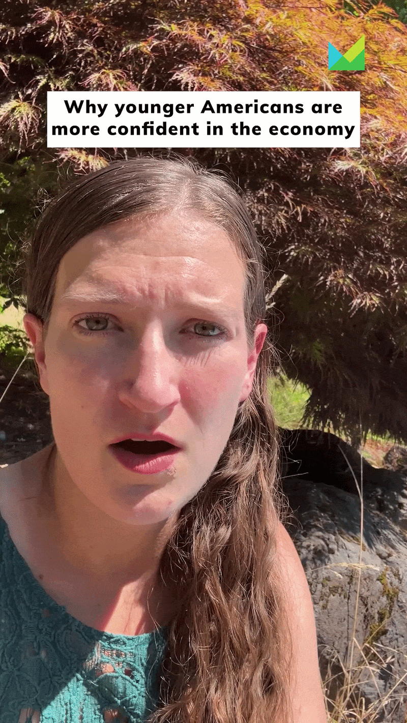 A gif of Caleigh Wells telling us older generations are worried about the economy, but younger ones are not.
