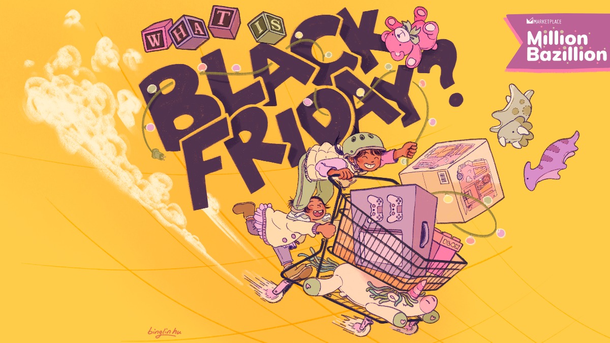 A cartoon depicting kids pushing a shopping card full of merchandise at high speed with the title 