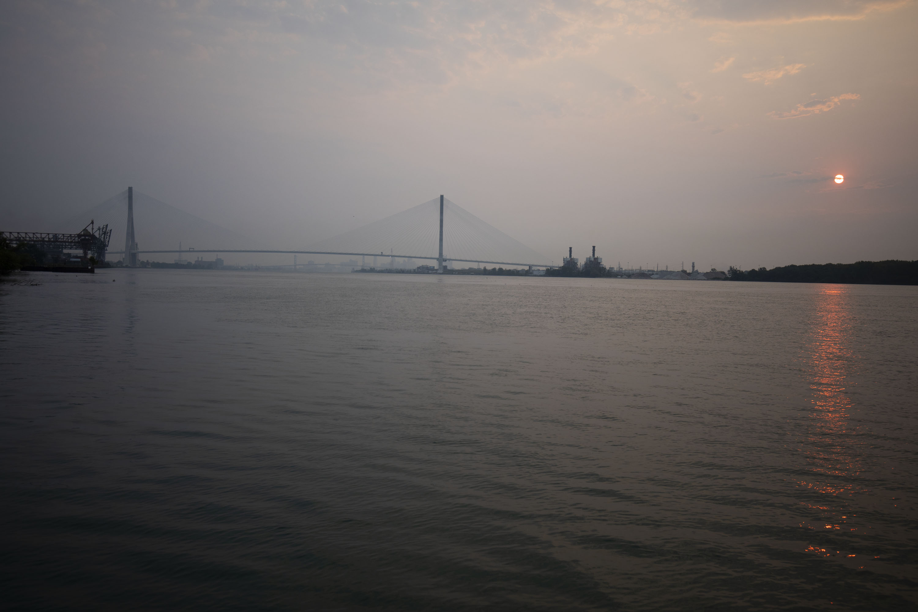 The Gordie Howe Bridge seen at a distance.
