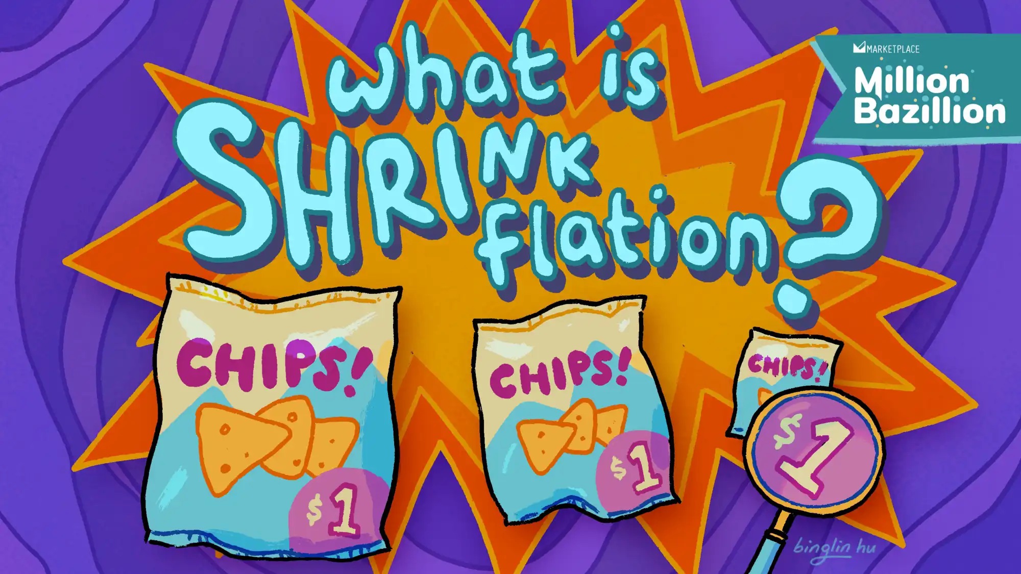 An illustration shows a bag of chips being smaller while keeping the same price.
