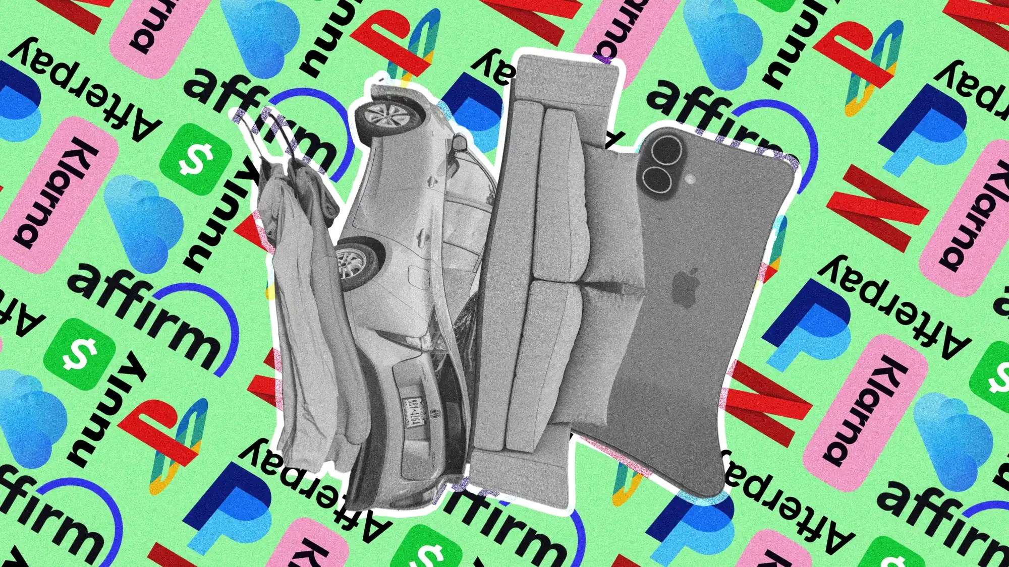 A photo illustration shows a phone, sofa and other merchandise being squeezed against a background with logos for CashApp, Affirm, Afterpay, Netflix, PayPal and Playstation.
