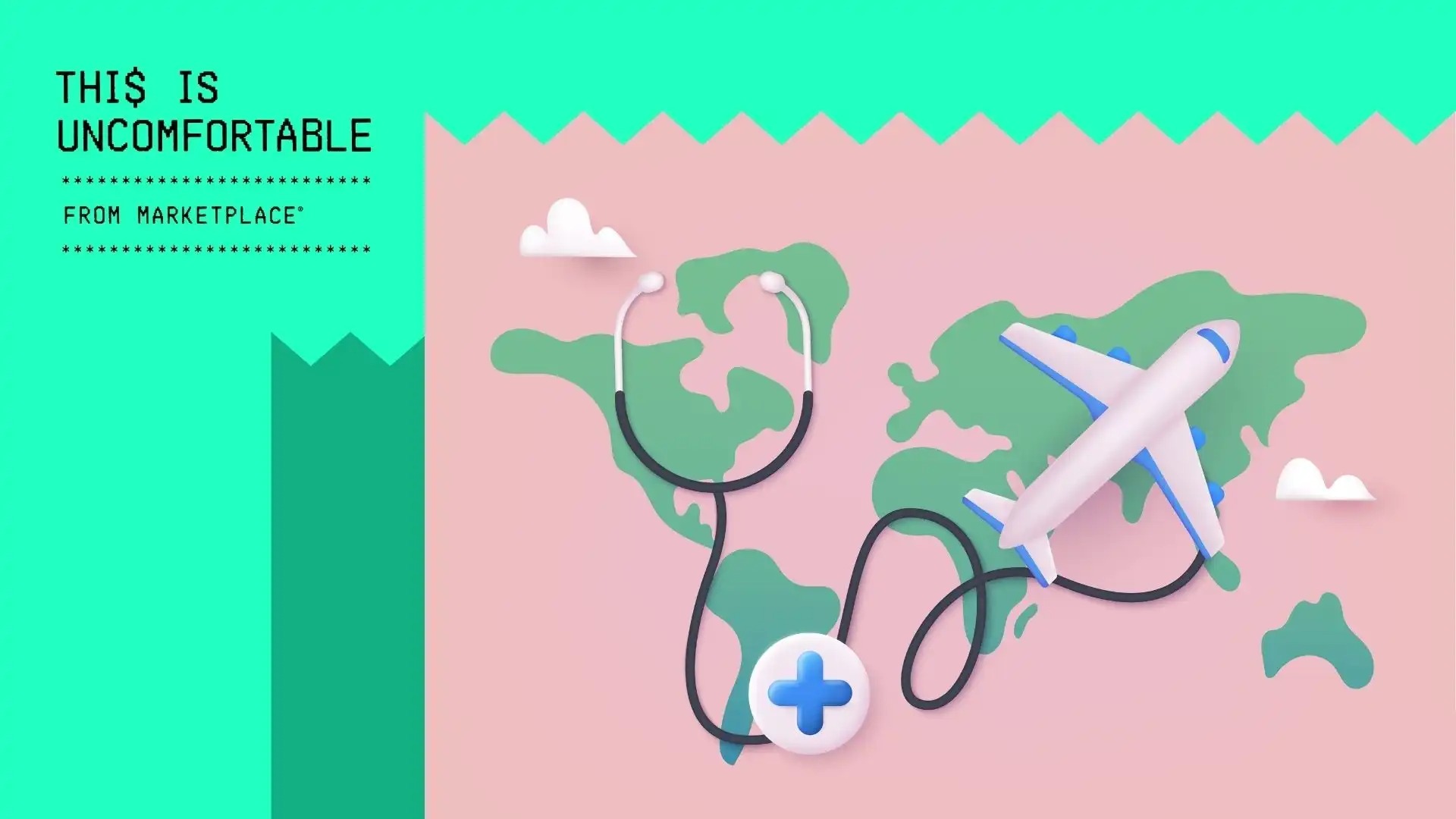 An illustration shows a plane and stethoscope over a world map.