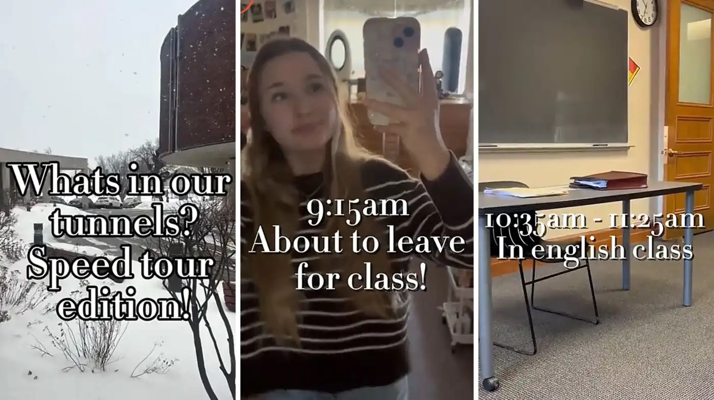 Alt text: Screenshots of Madison Duxbury's Griffluencer TikToks, showing a day in her life and guides to campus tunnels at Canisius University.