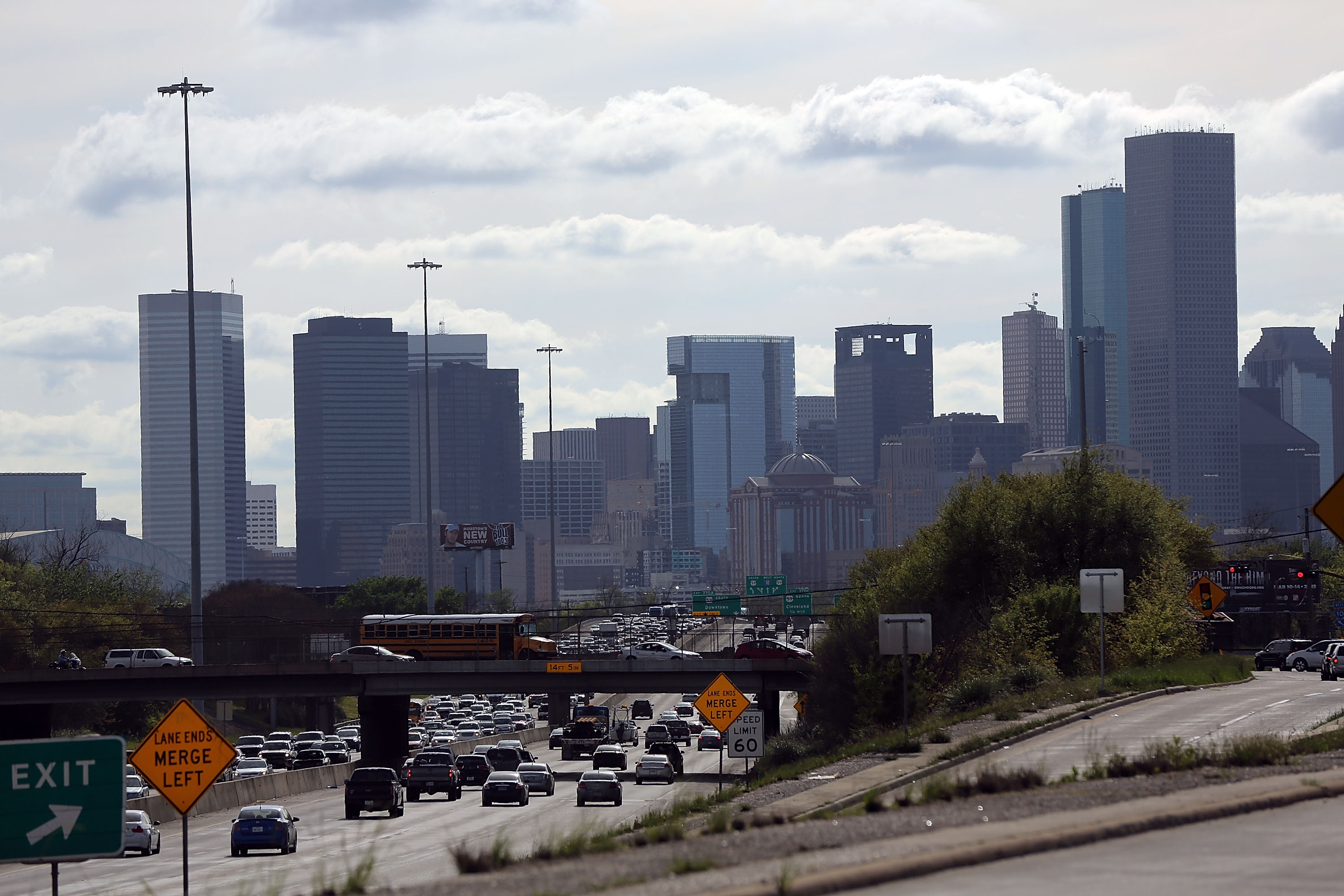 A busy streetscape of Houston city life. 