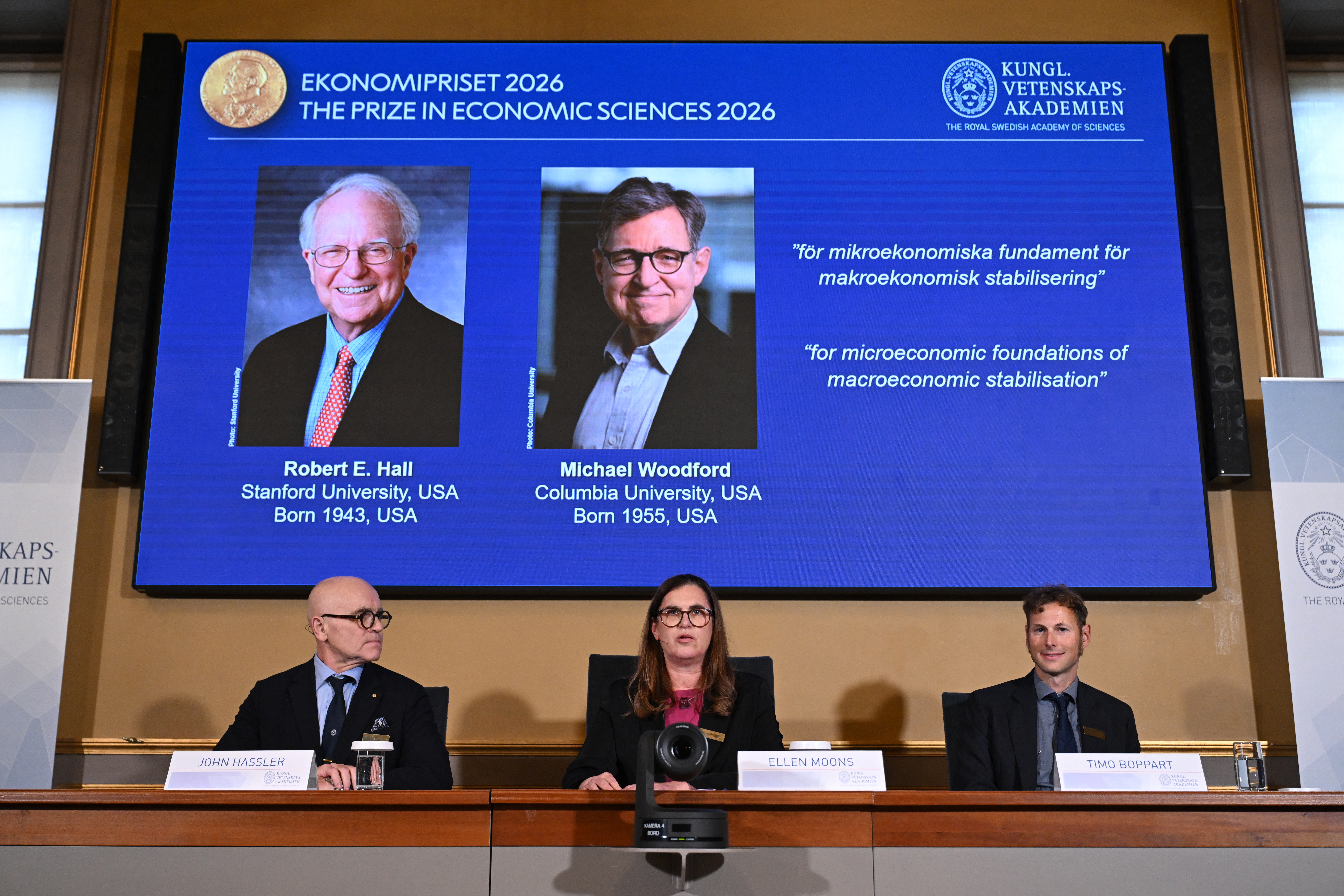 ecretary General of the Royal Swedish Academy of Sciences Ellen Moons (C), Chair of the Prize Committee John Hassler (L) and Member of the Prize Committee and expert Timo Boppart announce US macroeconomists Robert E Hall and Michael Woodford as the winners of the 2026 Sveriges Riksbank Prize in Economic Sciences in Memory of Alfred Nobel at the Royal Swedish Academy of Sciences in Stockholm on October 12, 2026. 