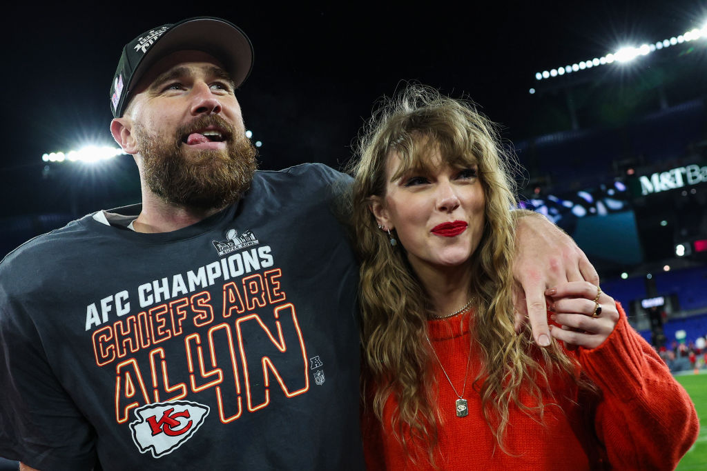 Taylor Swift and Travis Kelce pictured after a football game.