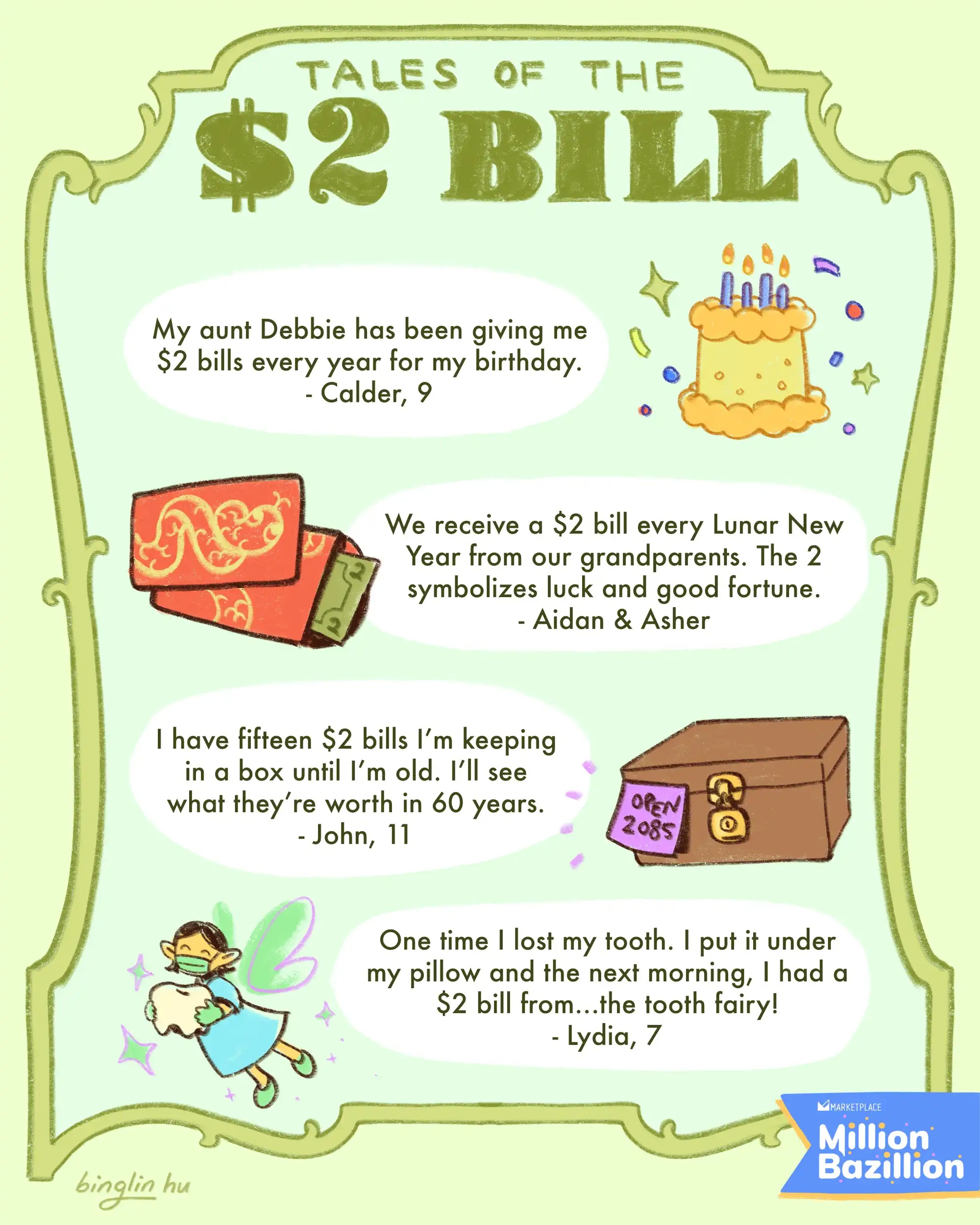 An illustrated infographic shows various listener stories about $2 bills. Some kids get them as gifts, or prizes from the tooth fairy. One is saving all the $2 bills for when he's older.