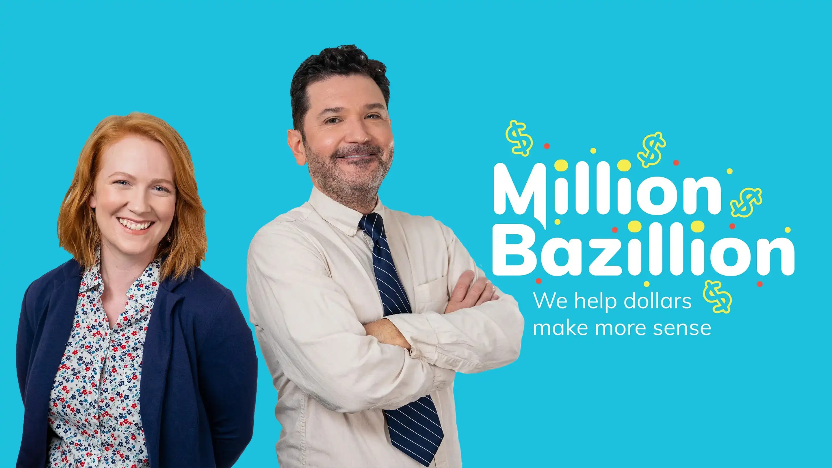 Bridget and Ryan post next to the Million Bazillion logo.