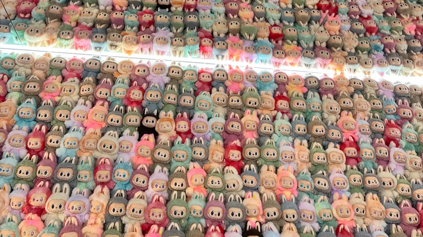 Scores of Labubus at an exhibit