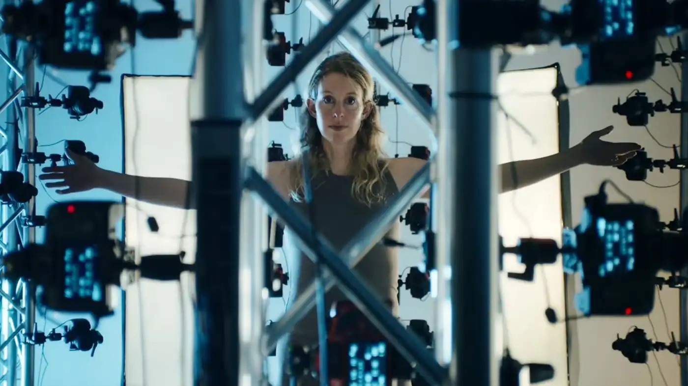 Elizabeth Holmes stands in a full body scan machine in a still from 