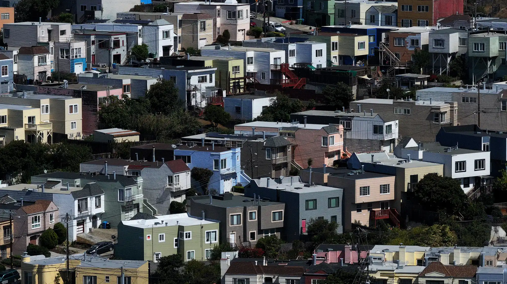 An overhead view of houses in the Bay Area