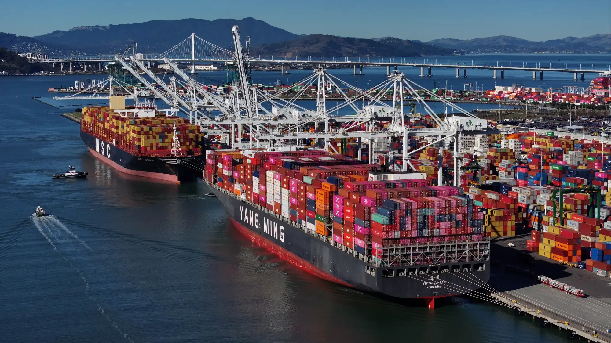 Container ships docked in a port.