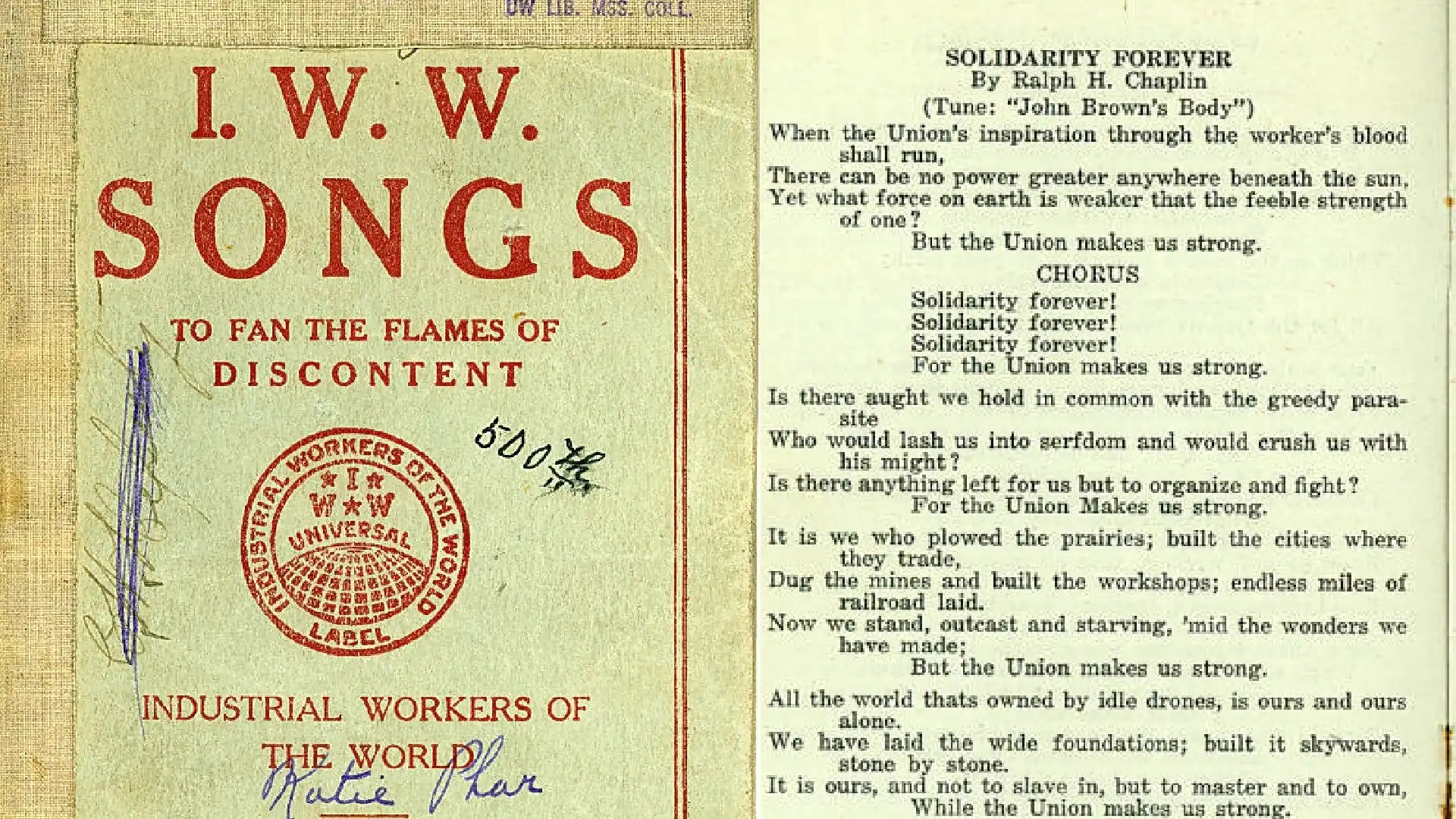 A scan of a union songbook from the Industrial Workers of the World.