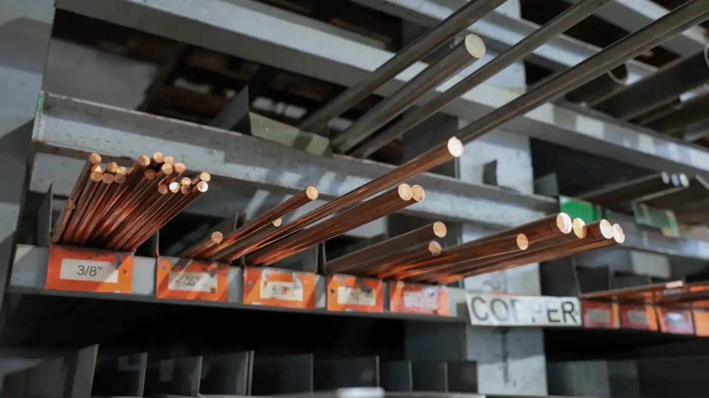 Copper rods on a shelf
