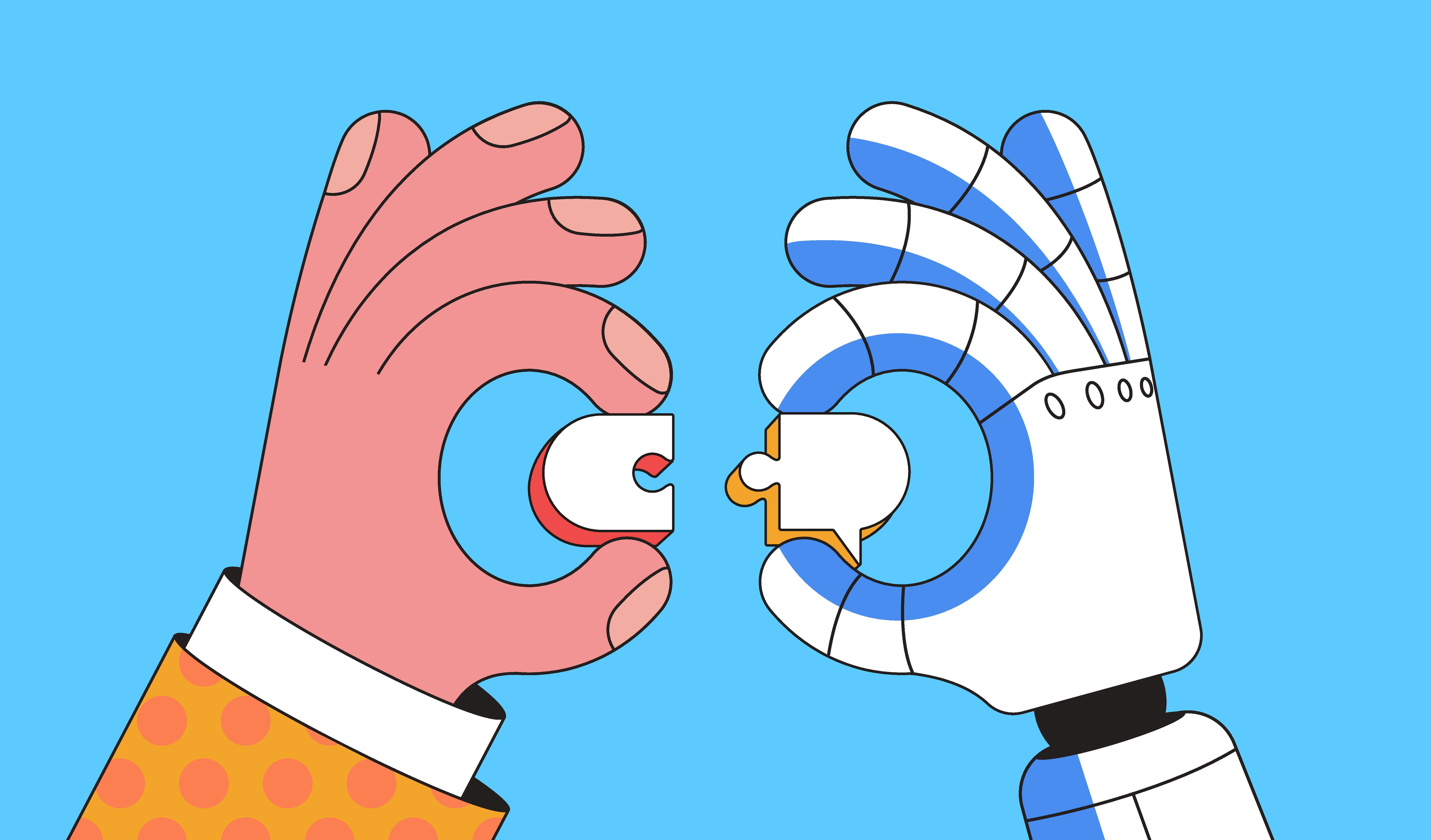 An illustration of a robot hand and human hand putting puzzle pieces together.