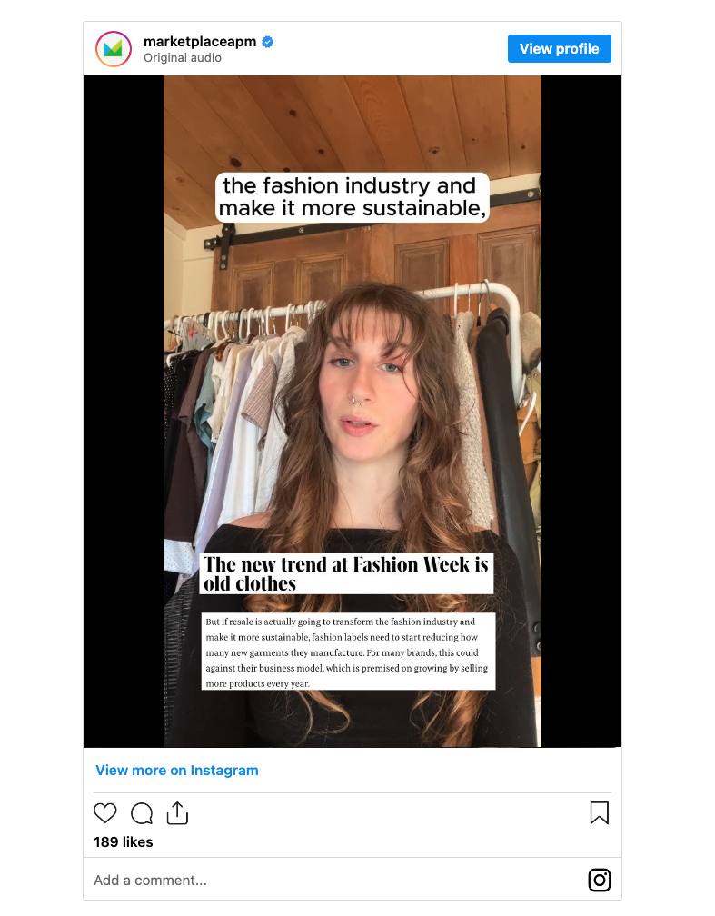 An instagram post featuring Marketplace intern Olivia Monforte, explaining what used clothing is having a fashion moment. 