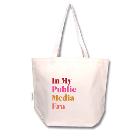 A tote bag reading 