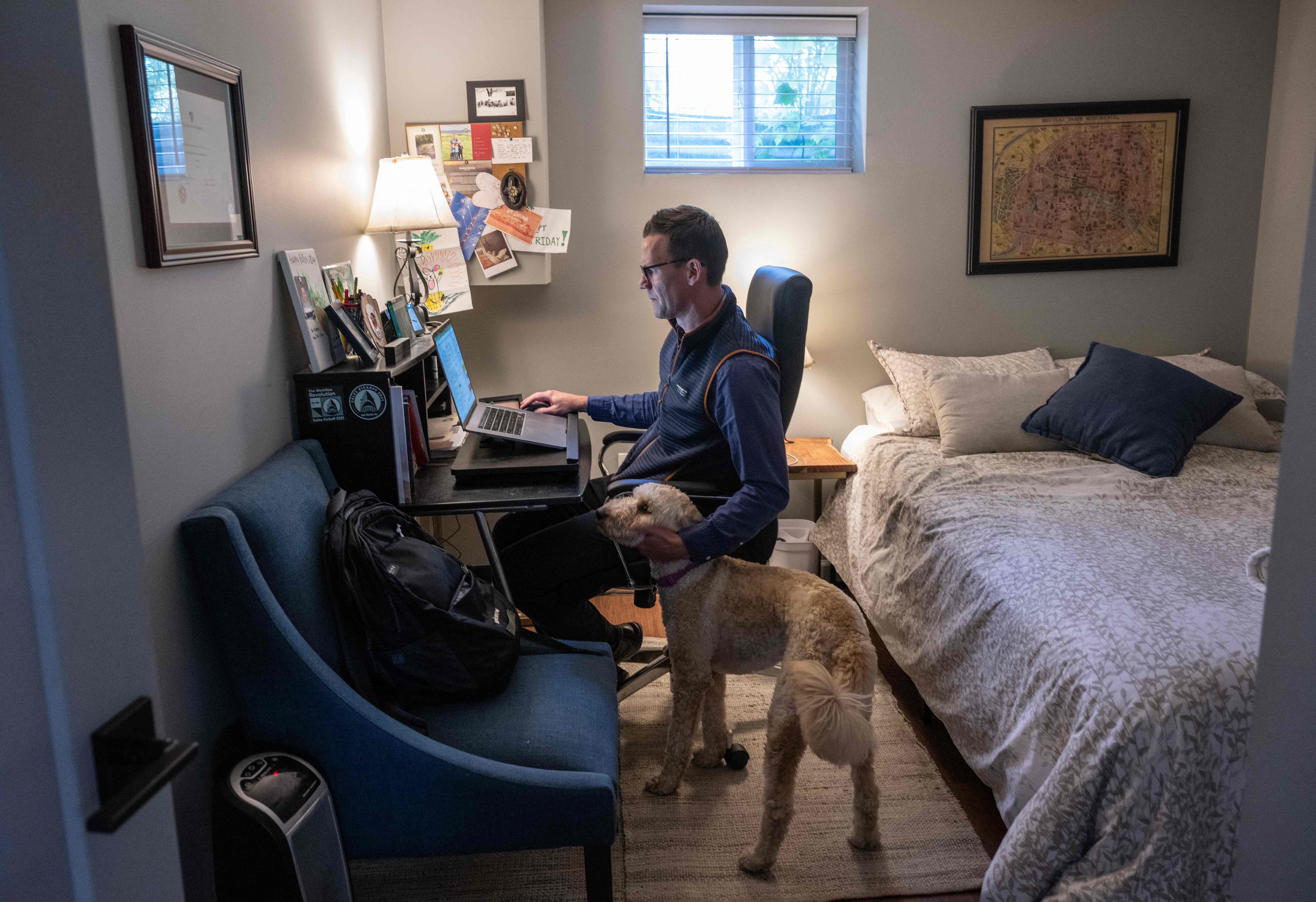 A man pets his dog while working remotely