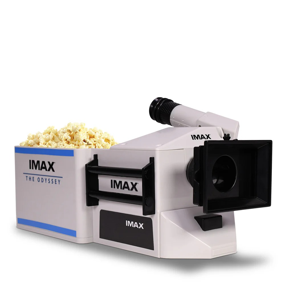 A popcorn bucket shaped like an IMAX camera.