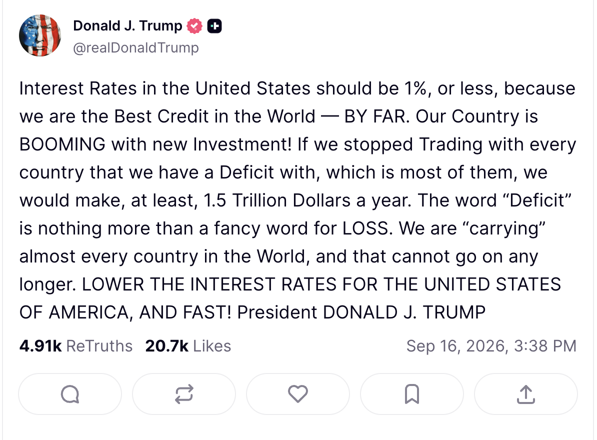 A post from @realDonaldTrump on Truth Social reads: 