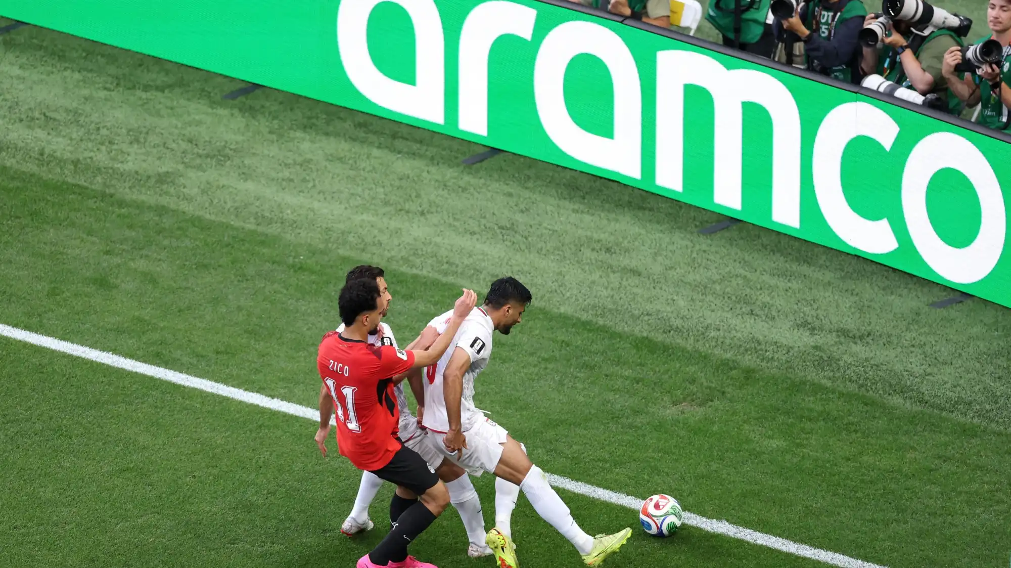 A view of an Aramco ad during a soccer game.