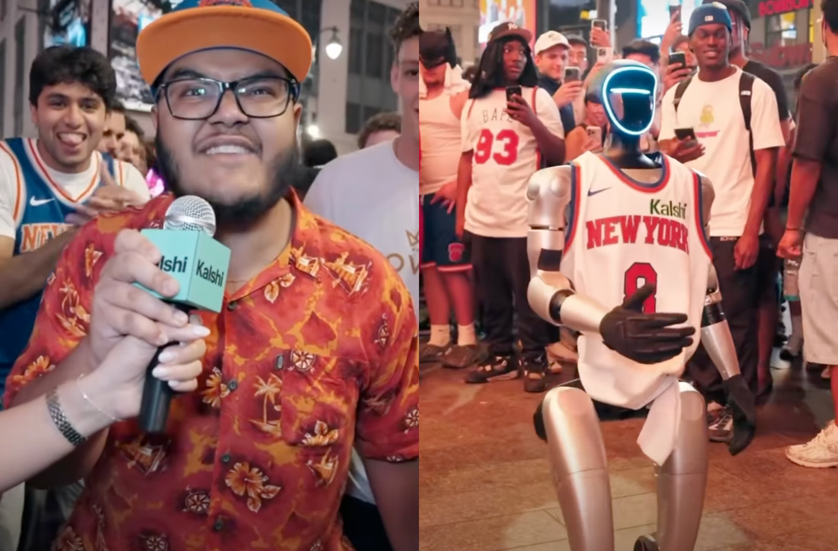 Screenshots from a video of fan celebrations in New York show a man talking into a Kalshi branded microphone and a robot wearing a Kalshi branded Knicks jersey.