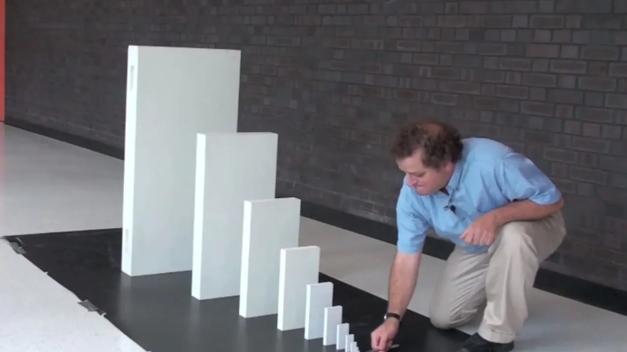 The popular meme showing a man knocking over a tiny domino, which leads to progressively bigger dominos until it hits one even larger than the man.