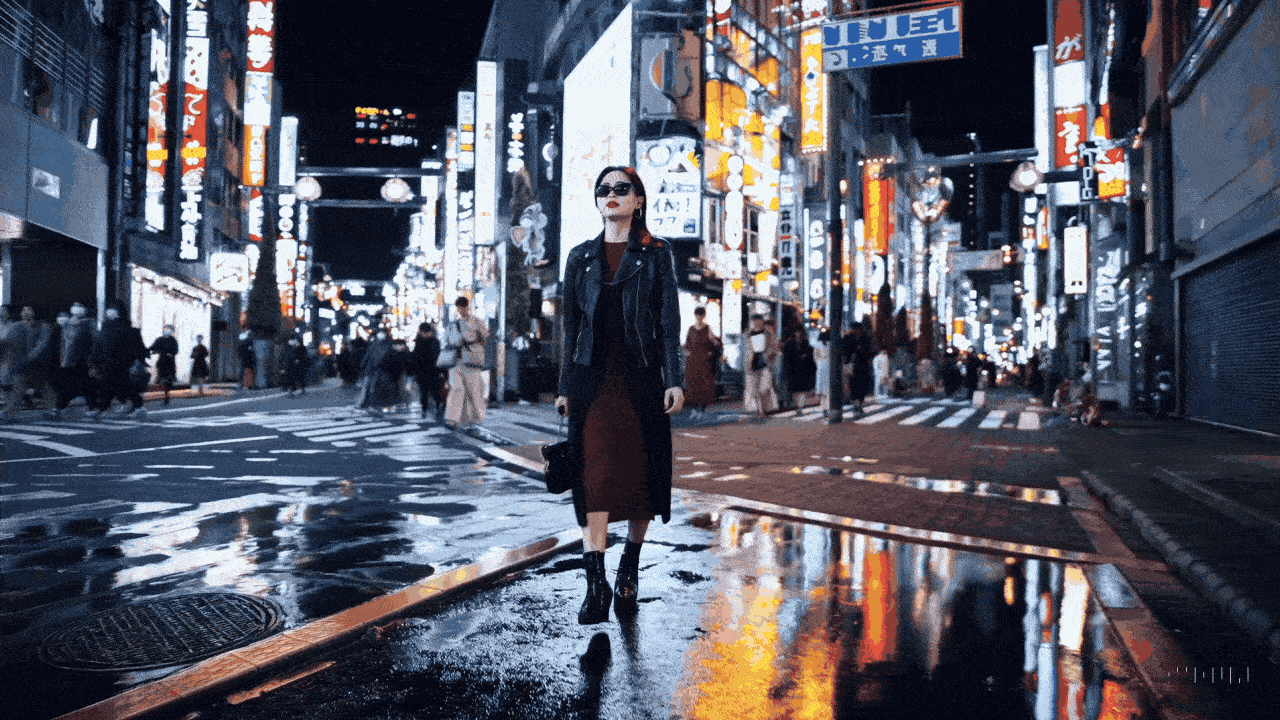 A stylish woman walks down a Tokyo street filled with warm glowing neon and animated city signage.