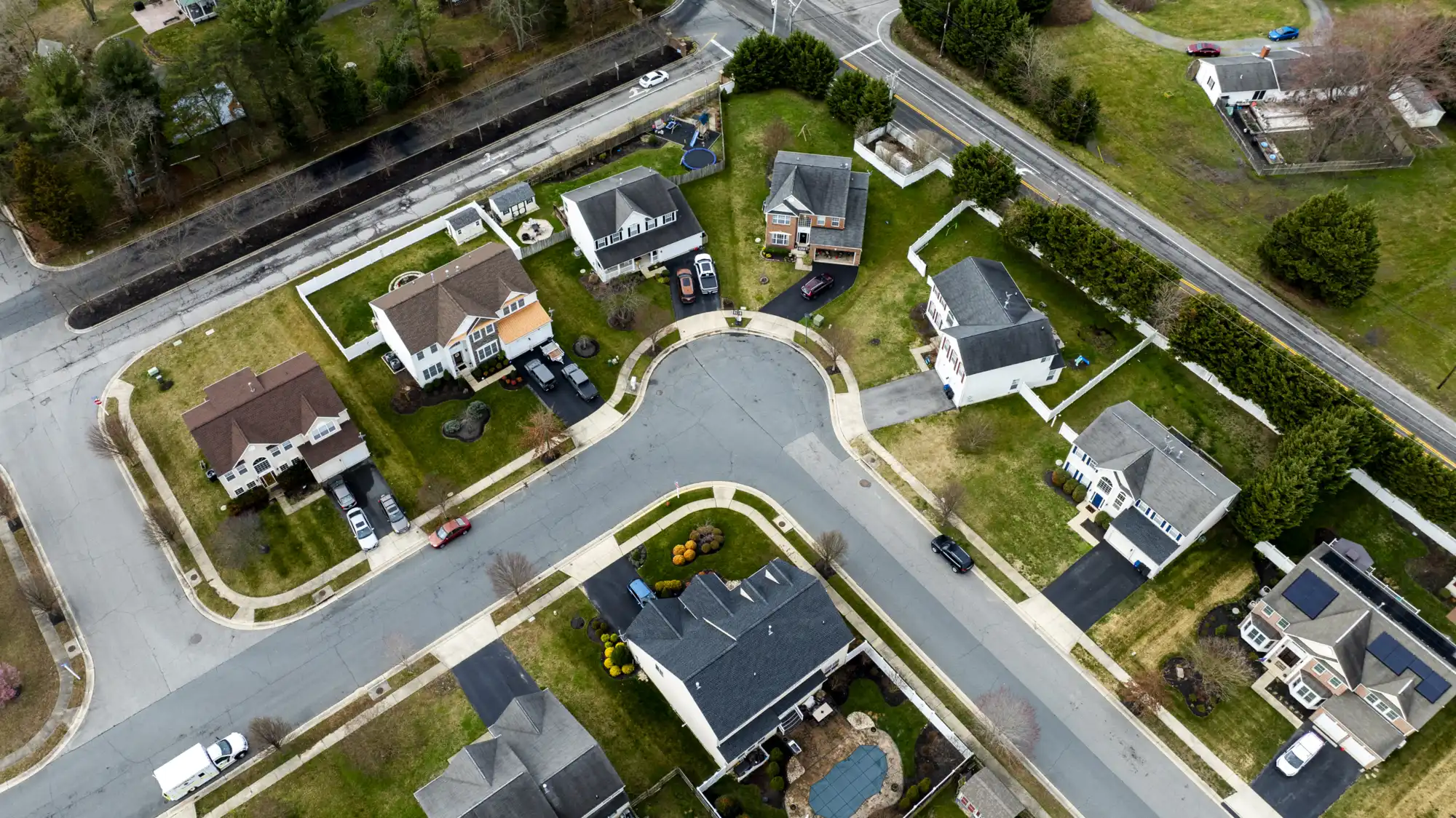 An arial view of a suburban street.