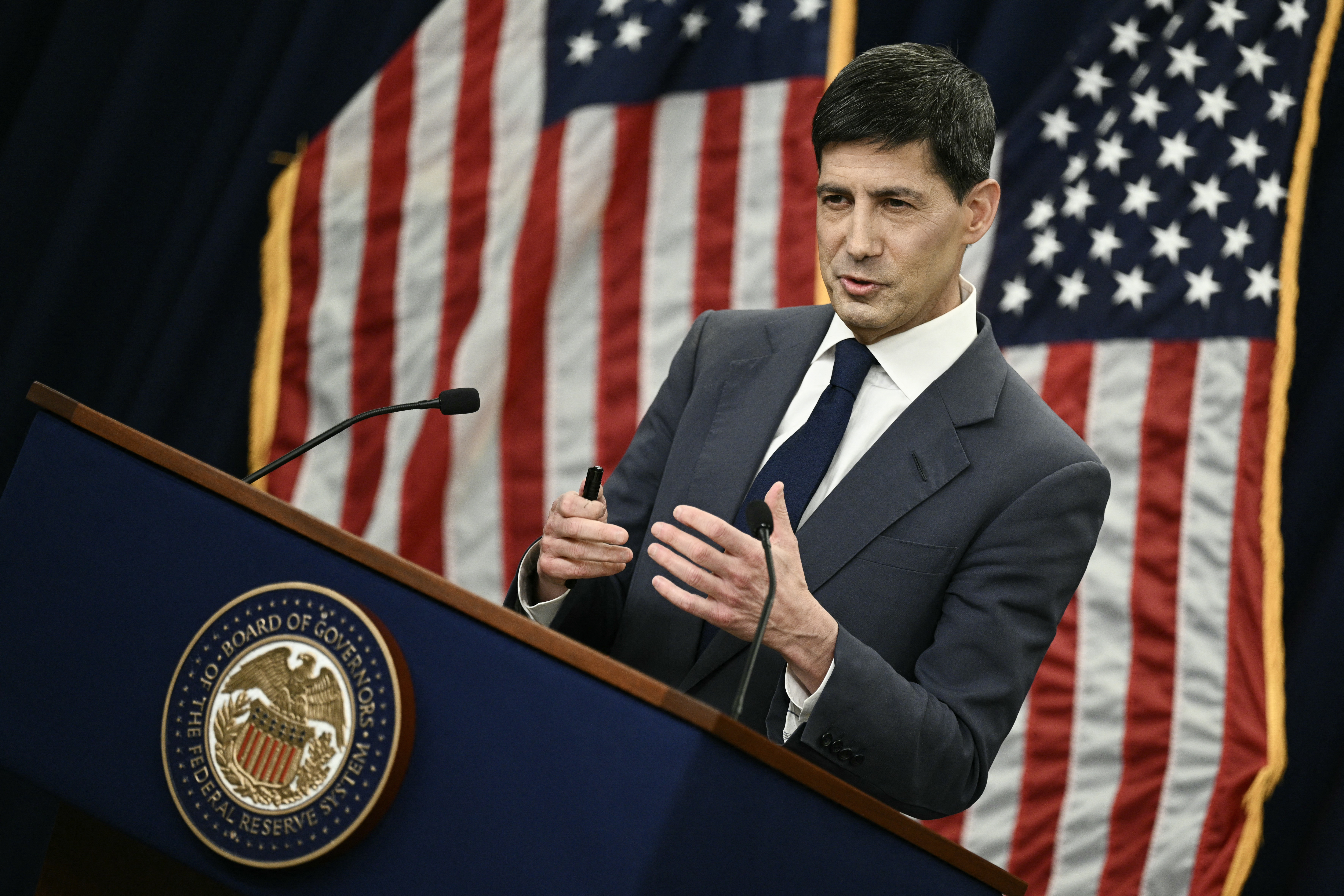 Fed Chair Kevin Warsh speaks at a press conference.