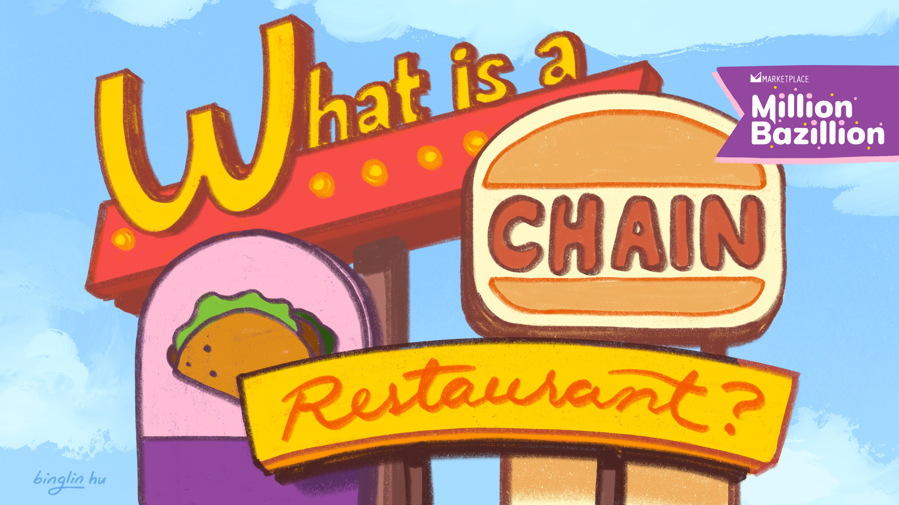 An illustration shows a number of chain restaurant signs reformed into the title 