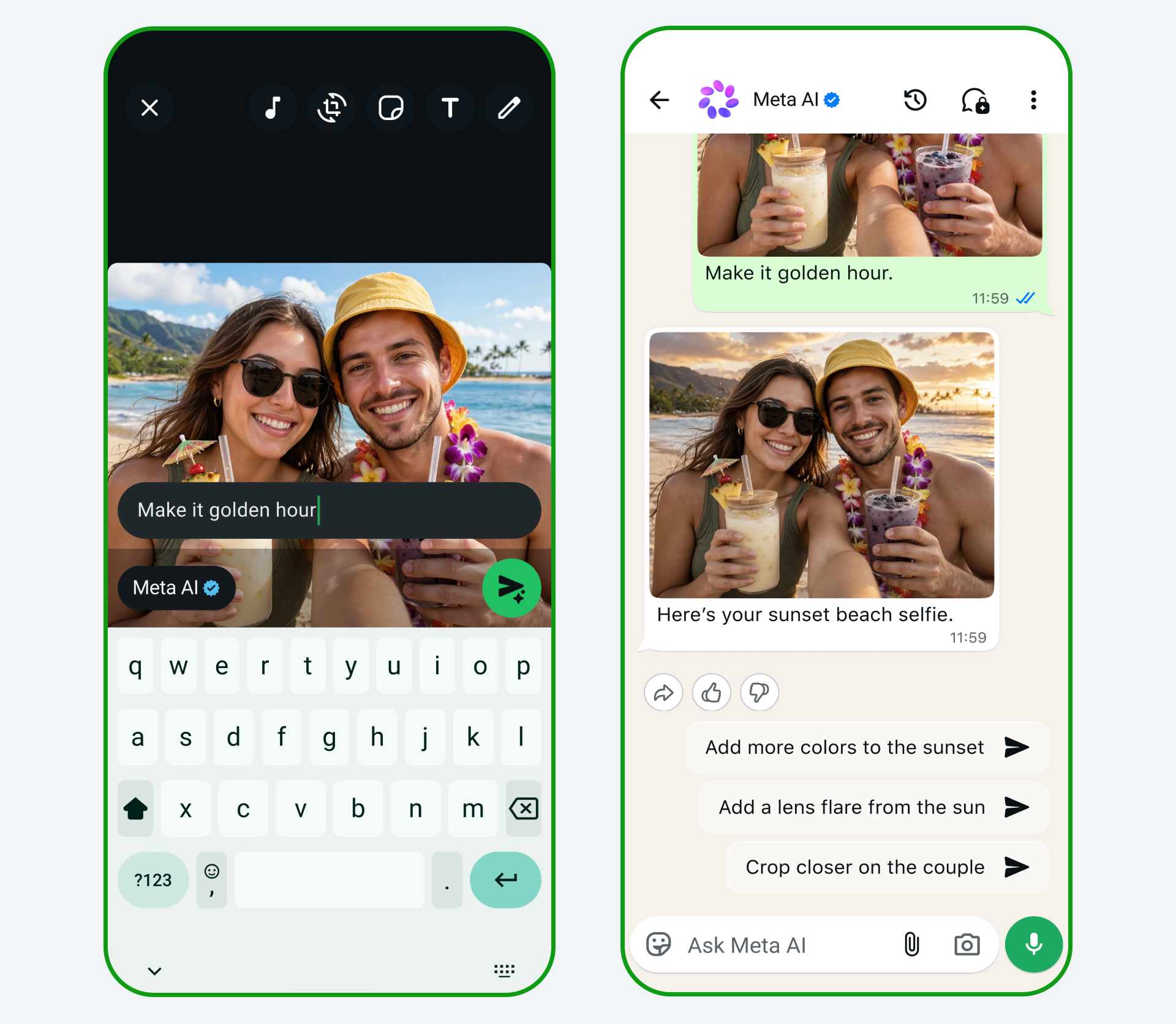 Meta-provided screenshots show a user editing a vacation selfie to change the time of day visible in the background using AI prompts.. 