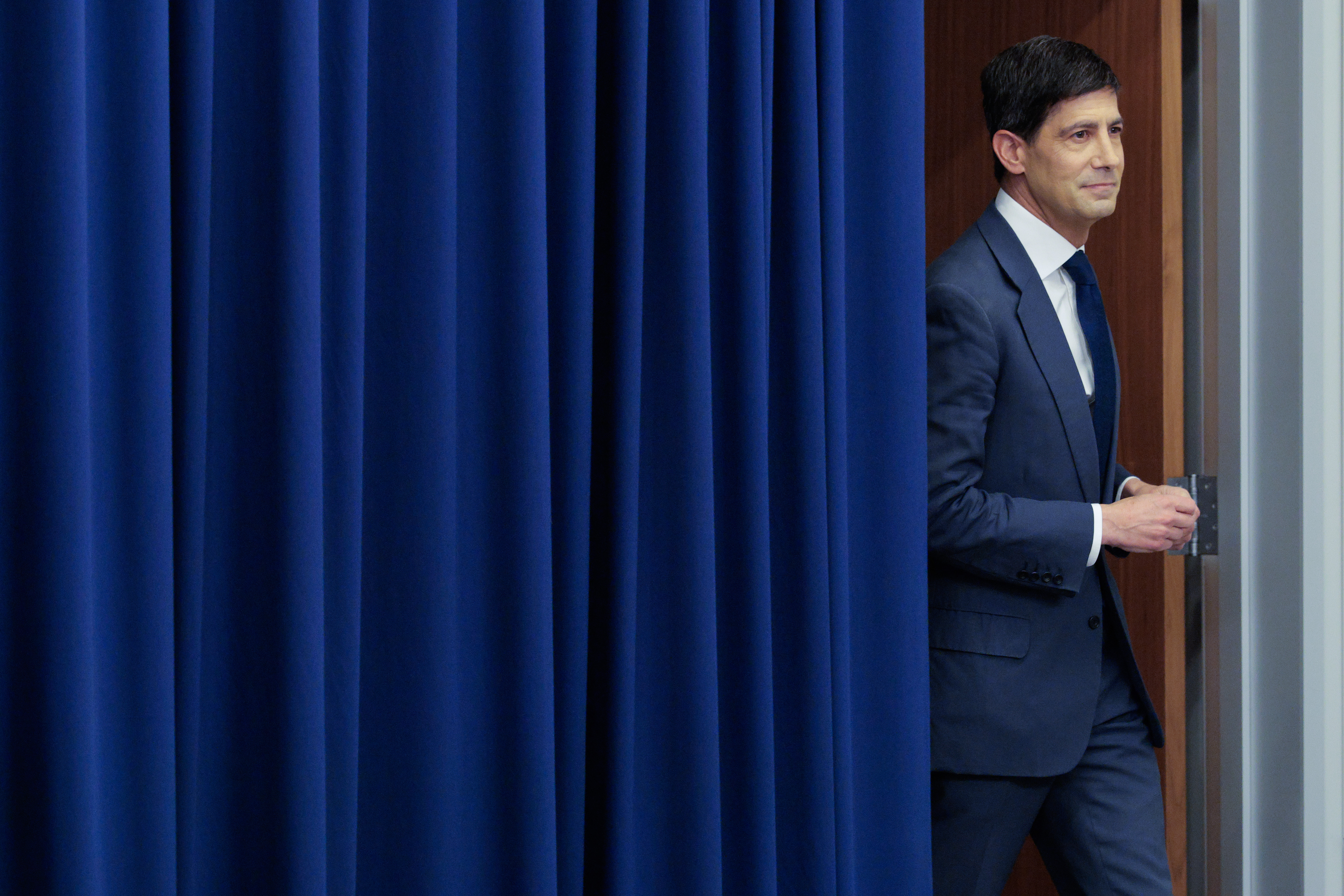 Fed Chair Kevin Warsh enters his press conference today.