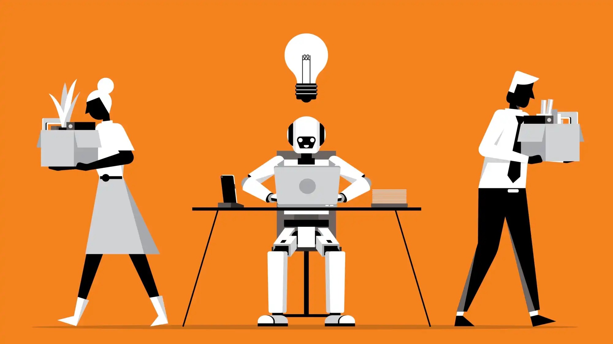 An illustration of a robot taking jobs from two humans.